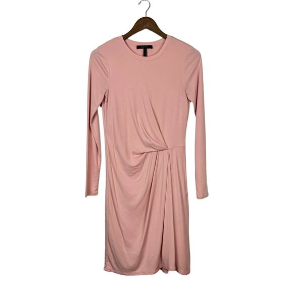 BCBGMaxazria Blush Pink Front Tuck Pleat Soft Rib Long Sleeve Knee Length Dress - Picture 2 of 9